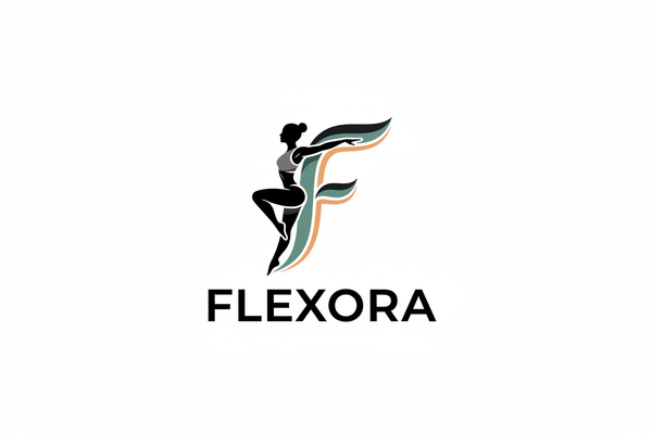 “Flexora women-focused fitness logo: abstract flowing ‘F’ shaped like a moving female athlete, symbolizing flexibility and toned strength. Minimal, high-end, neutral palette with teal/orange accent, no purple, no clutter.”
