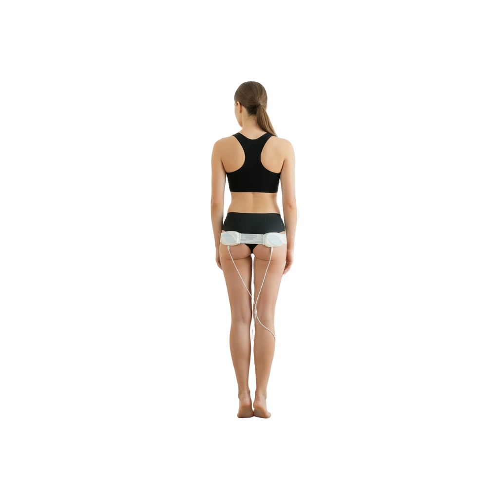 Full body rear view wearing the Flexora vibrating massage belt on the hips
