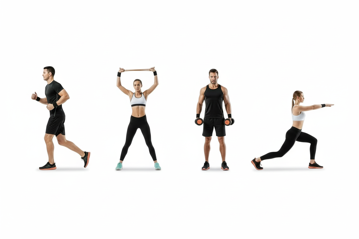 “Modern sporty wide hero background, bright minimal studio, four athletes spaced apart (not next to each other), each doing a different exercise: one running, one stretching, one using light dumbbells, one doing bodyweight squat/lunge. Energetic and motivational vibe, sharp realistic photo, bright natural lighting, clean high contrast but soft, neutral colors (black/white/grey) with small orange or teal accents, large empty center space for text, premium look, no purple, no logos, no text.”

